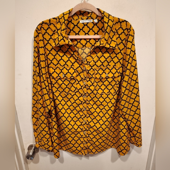 Notations Women's Yellow & Black Geometric Print Button Down Shirt Sz 2X Career - Picture 1 of 7